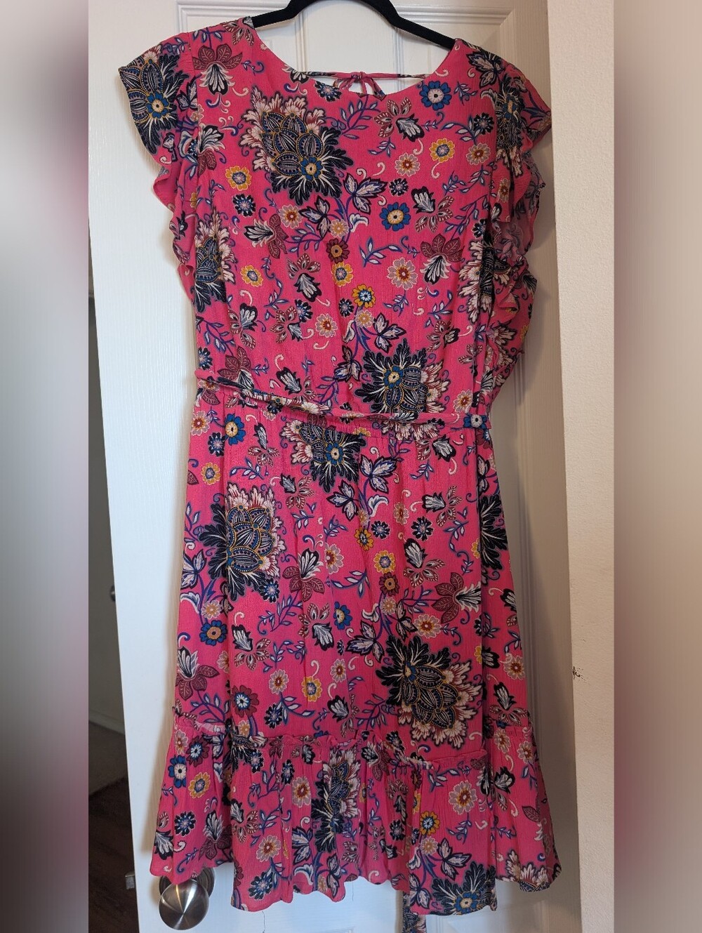 LOFT Floral Ruffle V-Neck Shift Mini Dress Pink/Blue - Size 16